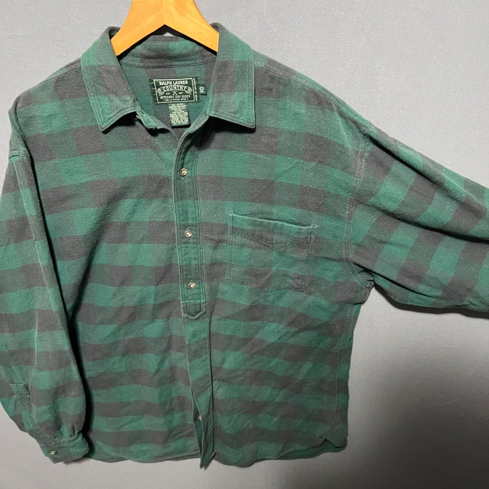 Ralph Lauren Country Mens Green Black Buffalo Plaid Flannel Shirt Size 10 - Picture 8 of 8